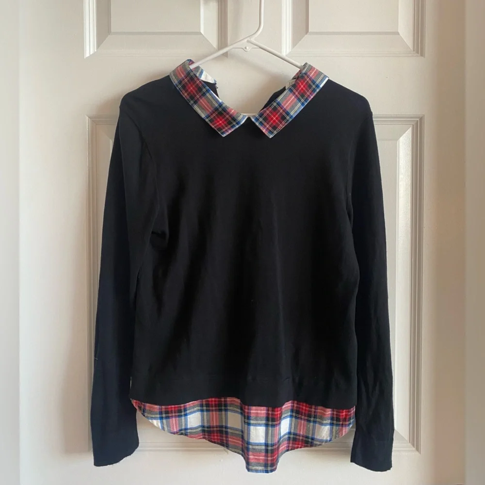 J. Crew Black Top with Red Plaid Collar